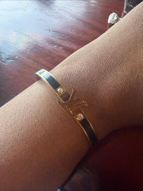 Gold and Black Designer-Style Logo Bangle Bracelet